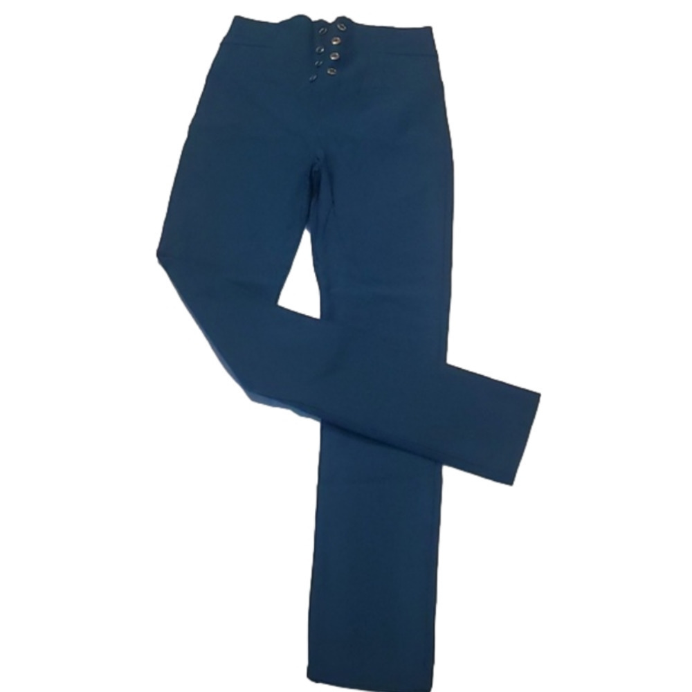 Valia Highwaist Stretchy Blue Dress Pants w/ Decorative buttons
